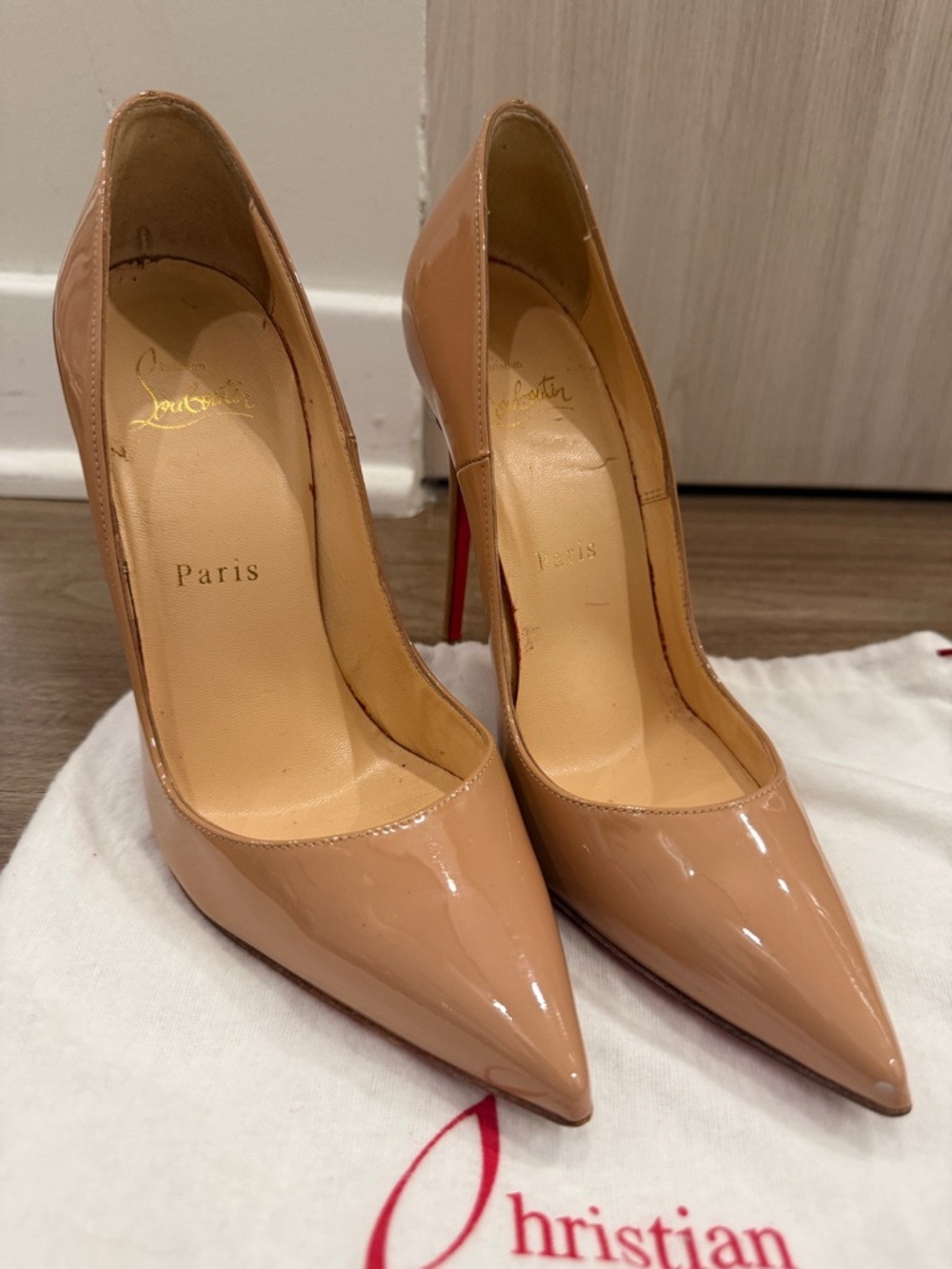 Christian Louboutin Nude Patent Pointed Toe Pumps with Red Sole. 36.5